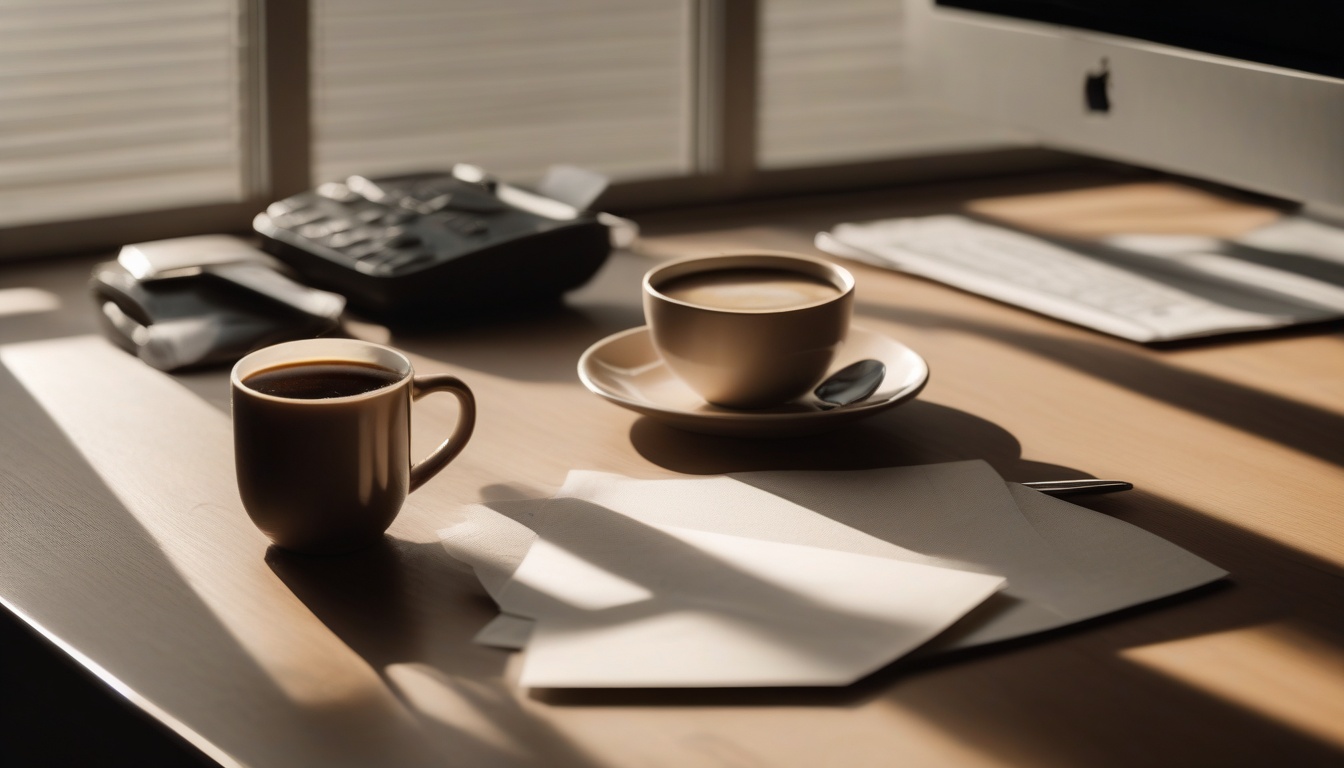 나무 테이블 위에 쌓여 있는 이력서와 노트북 화면