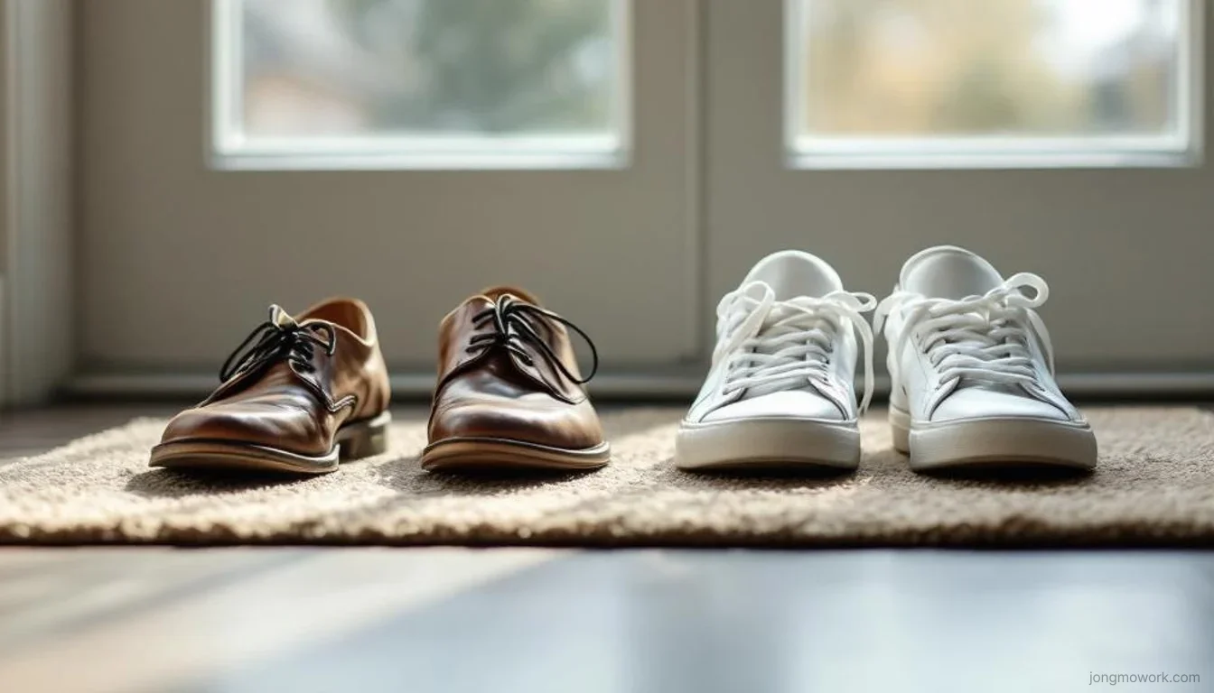 현관 앞에 낡은 구두와 새 운동화가 나란히 놓여 있는 모습