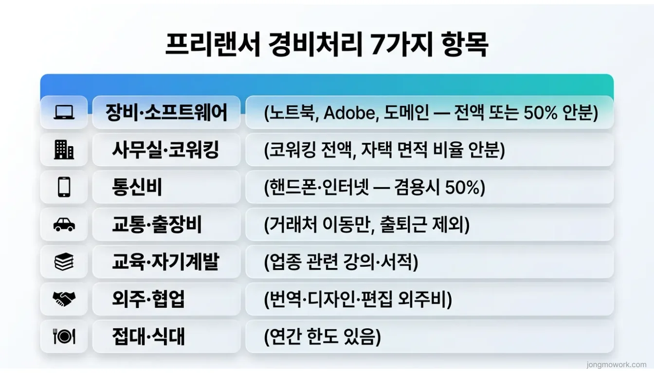 직접 정리한 프리랜서 경비처리 7가지 항목 비교 인포그래픽