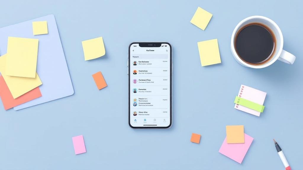 A of a cluttered desk with a smartphone showing multiple ...