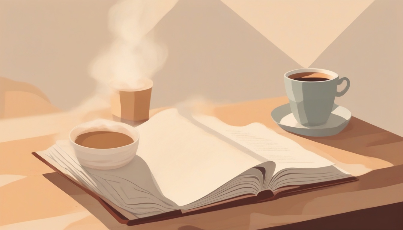 A of an open book on a wooden desk with a steaming coffee...