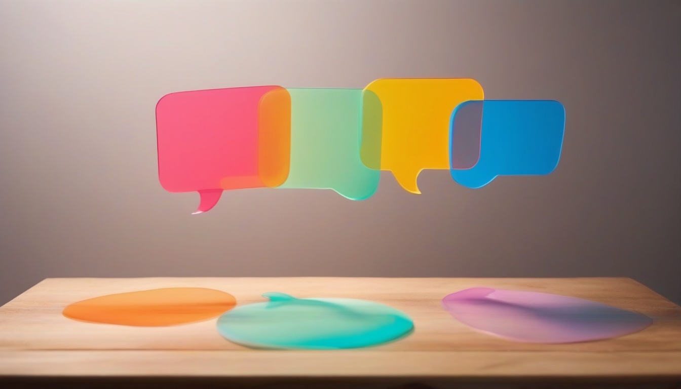 Three overlapping translucent speech bubbles in different...