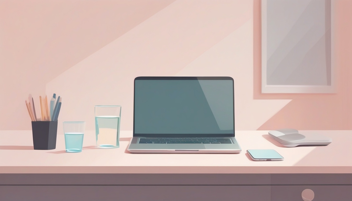 A of a clean minimalist desk with only a laptop and a gla...