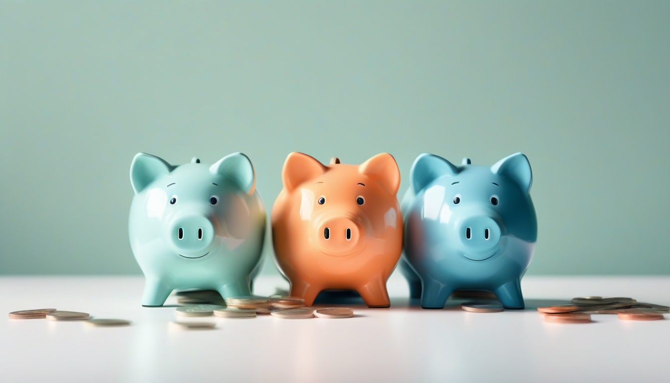 A of three piggy banks in different pastel colors (green