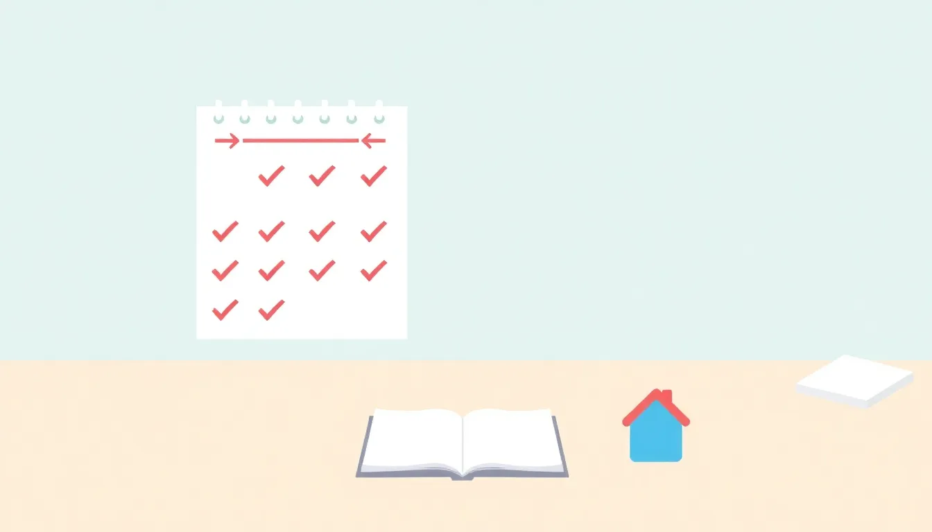 A of a calendar with red checkmarks and a small house key...