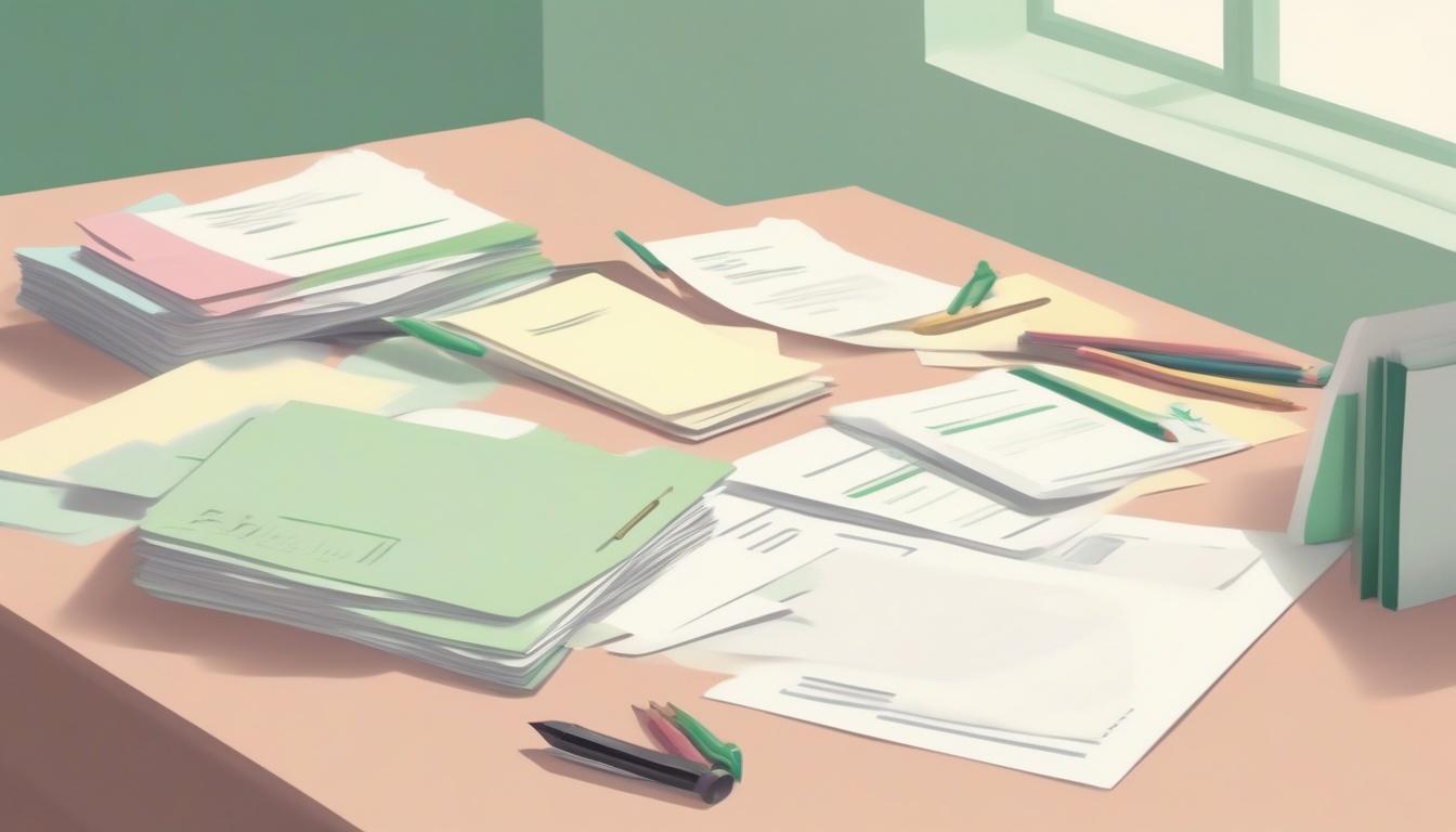 A of two neat piles of documents on a desk