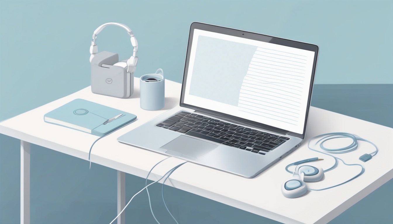 A of a laptop on a clean white desk with a small open not...