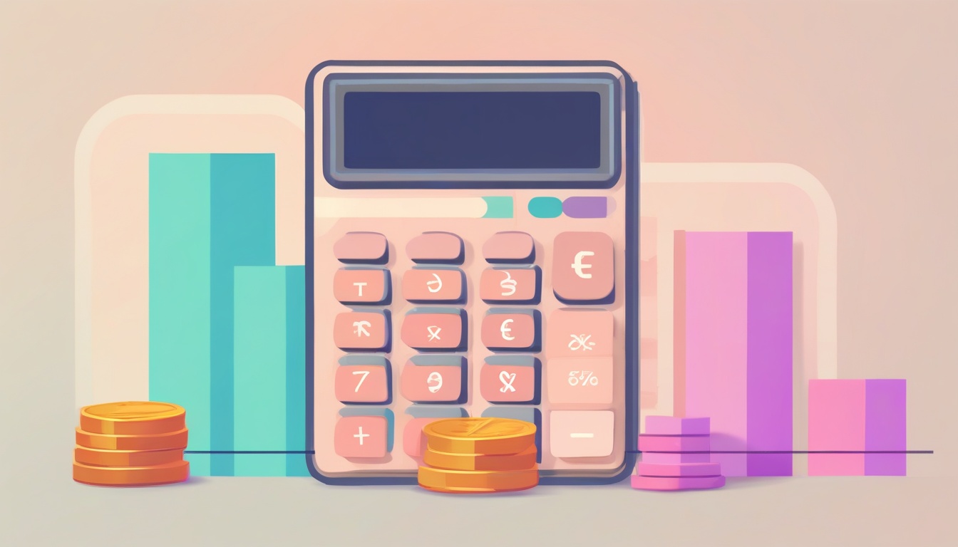 A of a calculator with coins stacked beside it and a bar ...