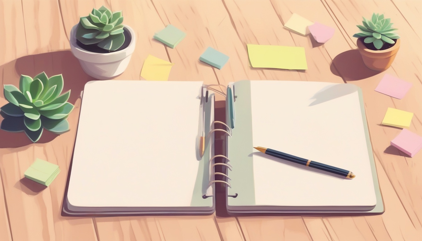 A of an open blank planner notebook on a wooden desk with...