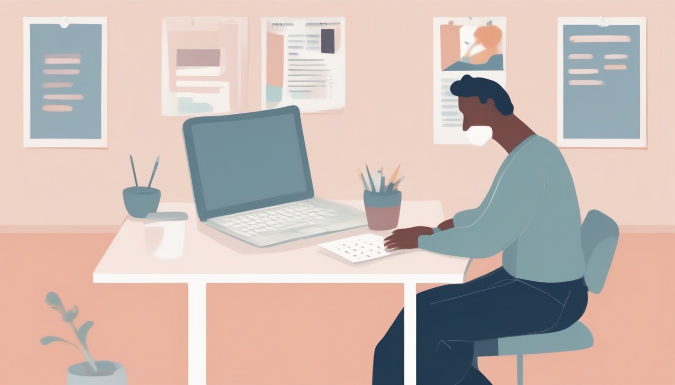 A of a front-facing person sitting at a desk with a lapto...