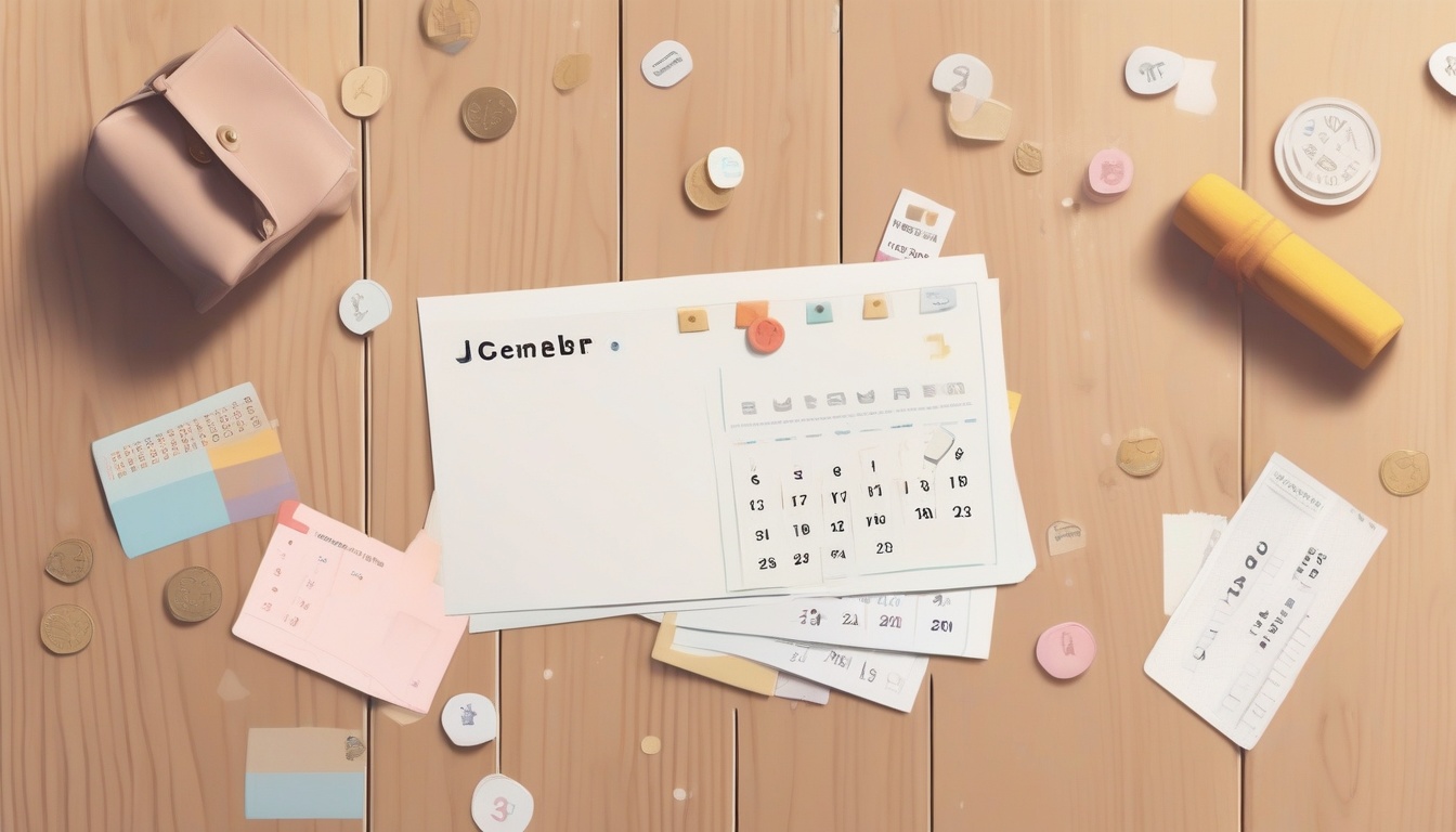 A of a credit card and a December calendar page on a wood...