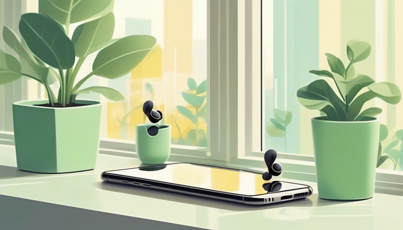 A of a pair of wireless earbuds and a smartphone on a bri...