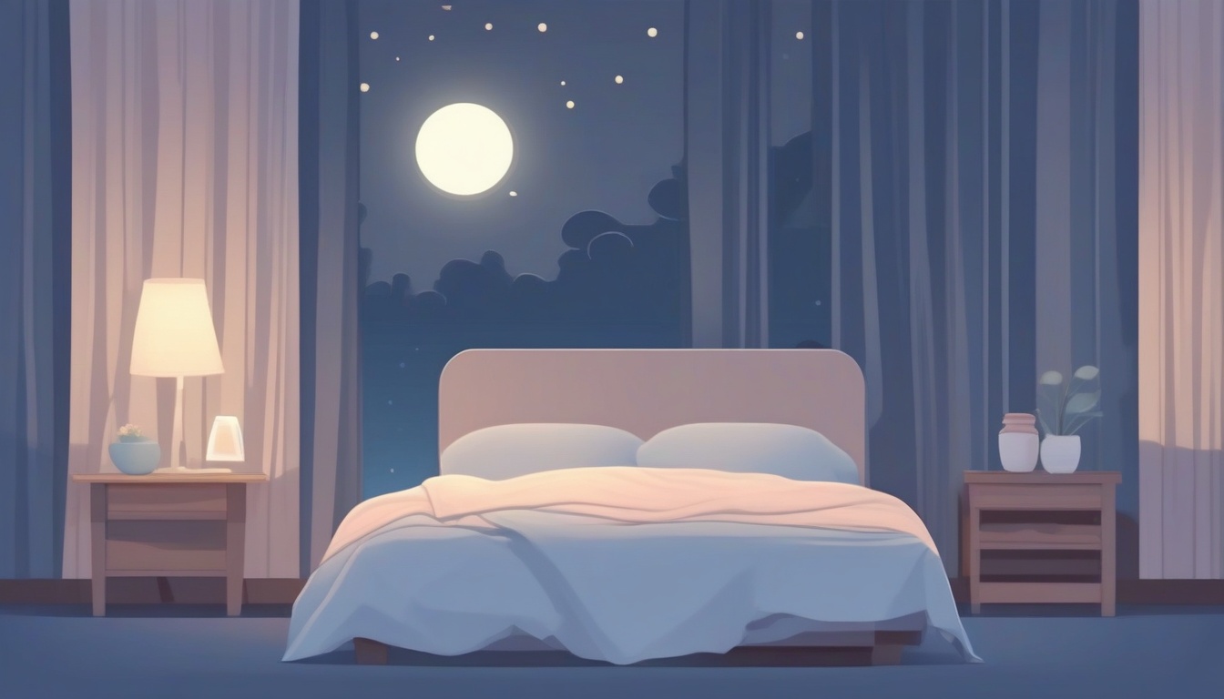A of a cozy bedroom at night with a neatly made bed