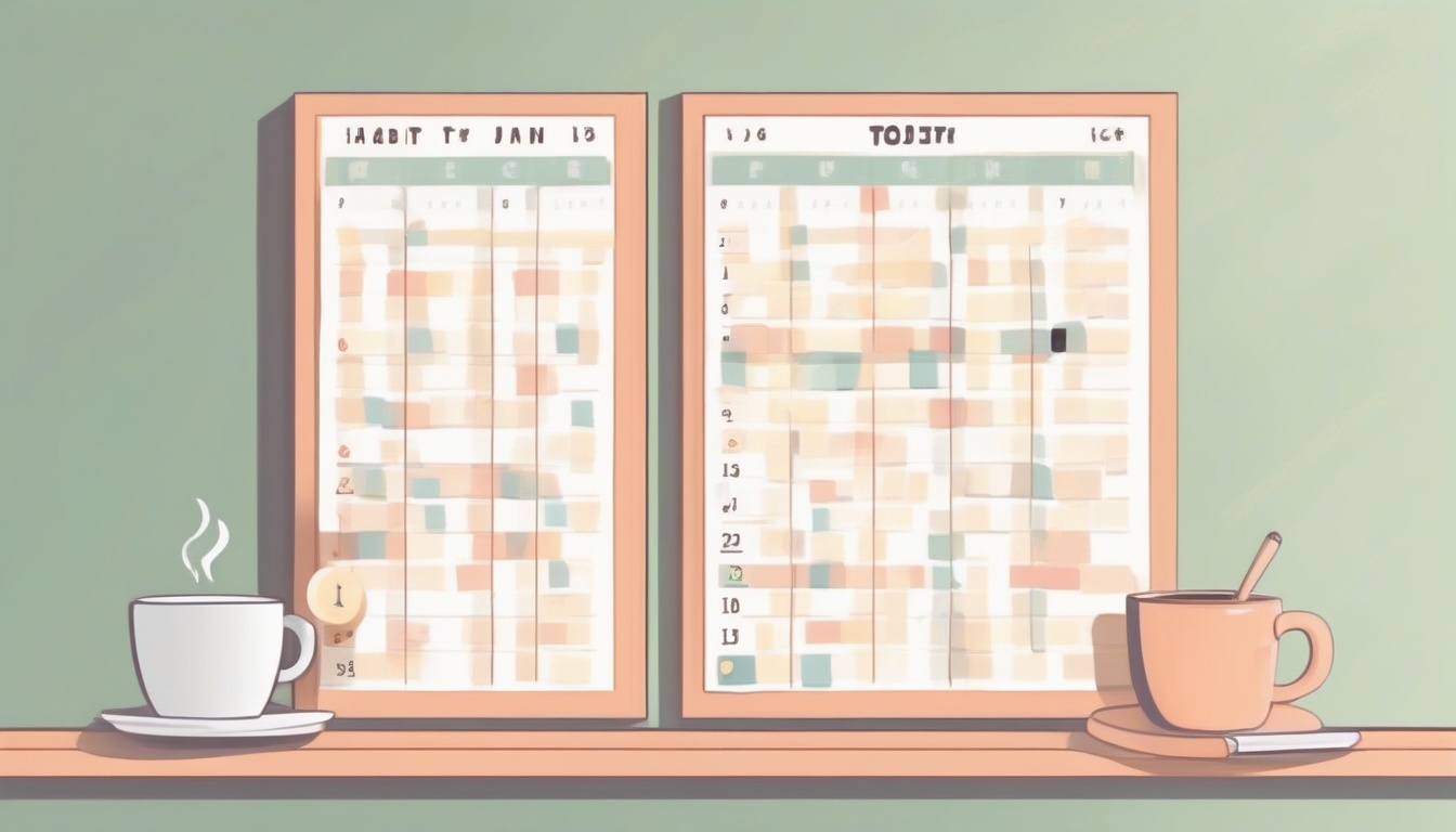 A of a habit tracker calendar on a wall with checkmarks f...