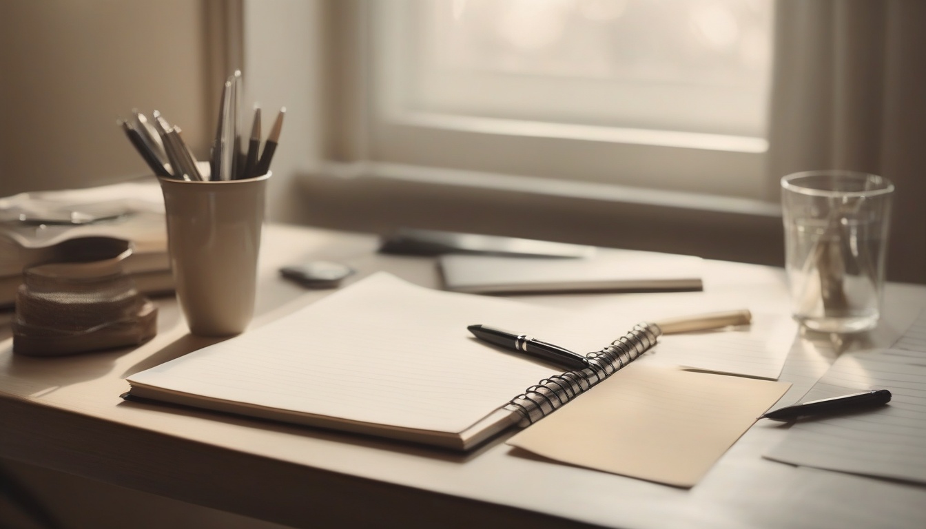 A clean desk with a notebook showing a numbered checklist