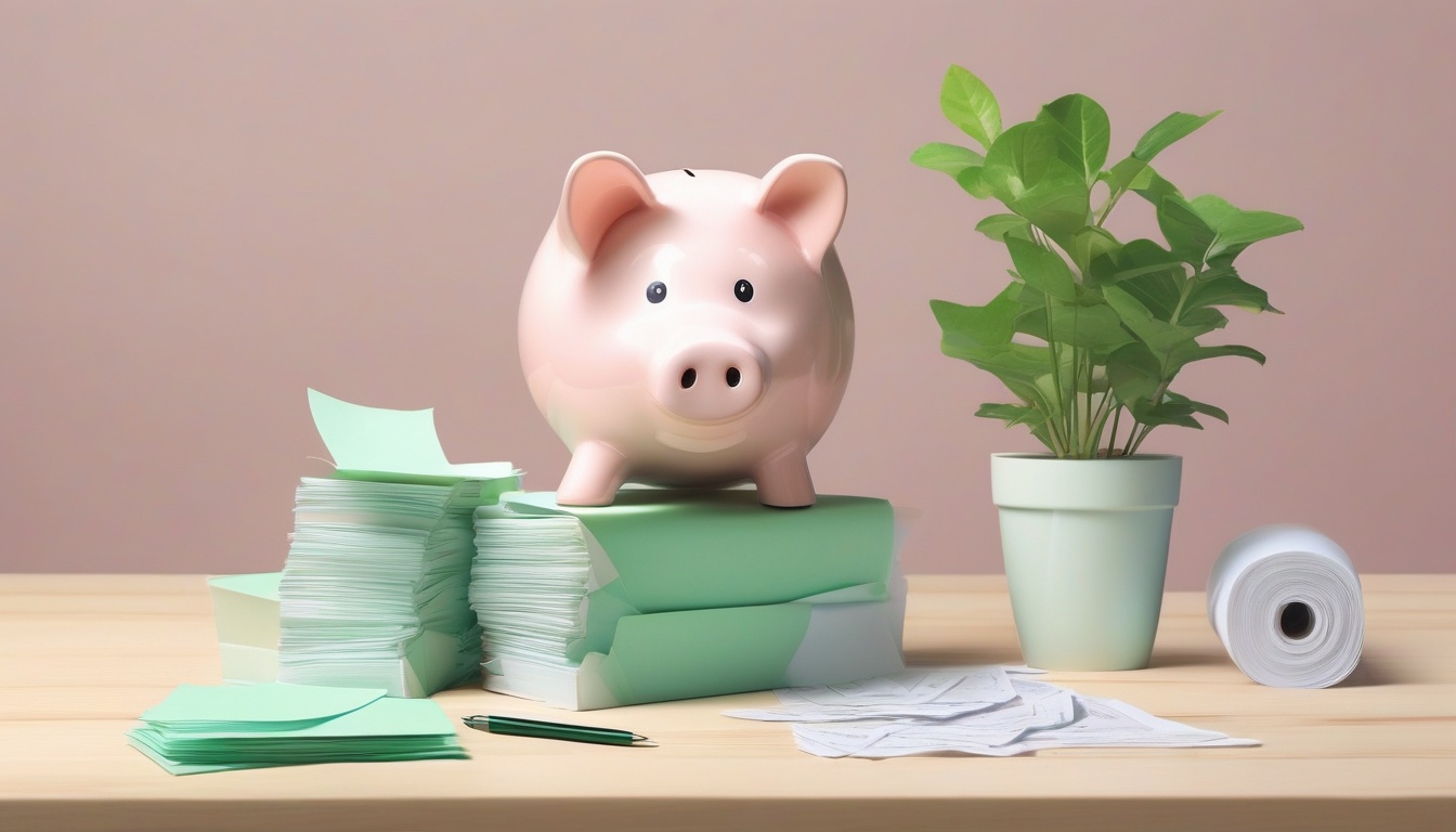 A of a piggy bank surrounded by small receipt papers