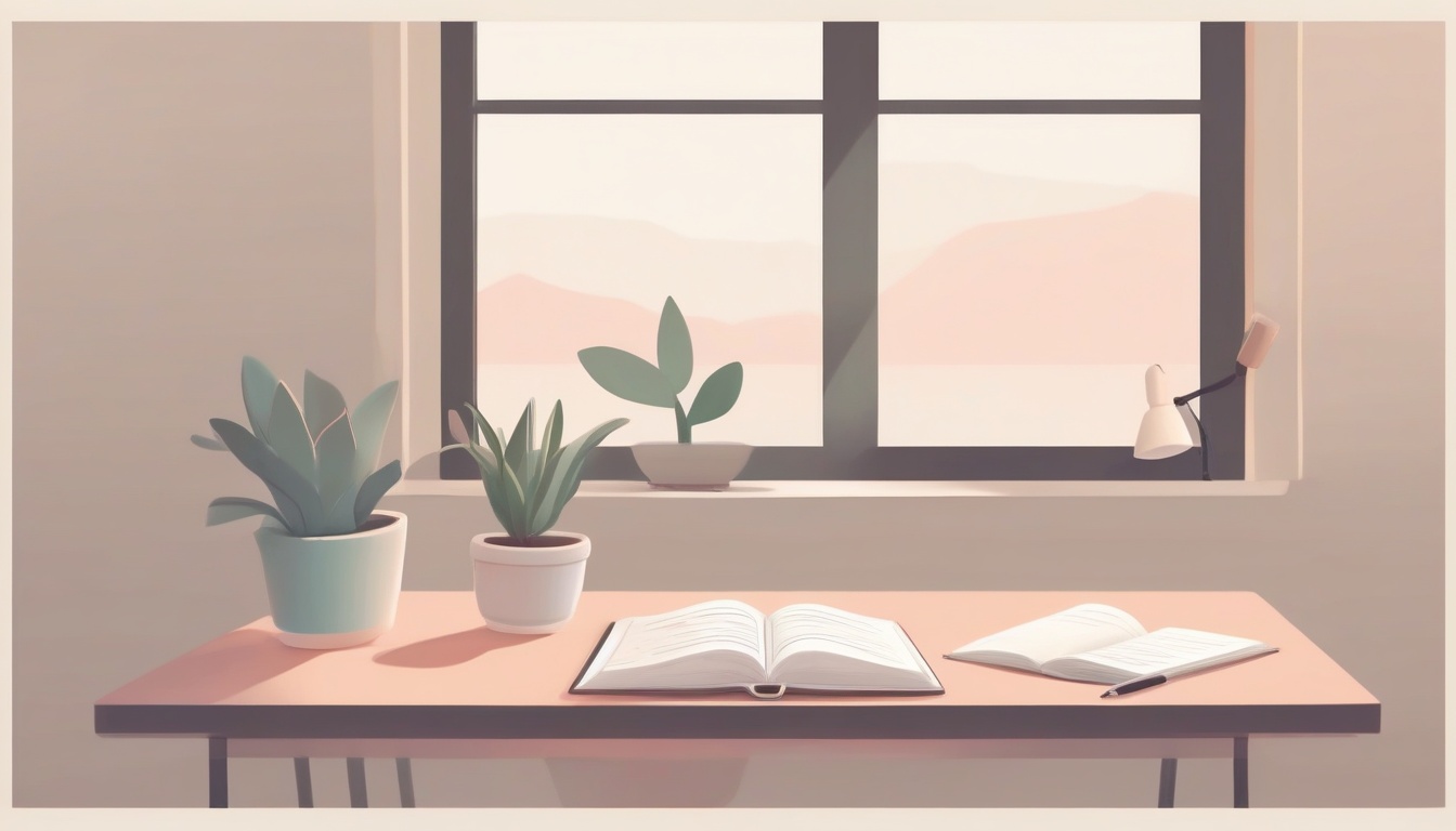 A of a clean desk with a closed book and an open journal ...