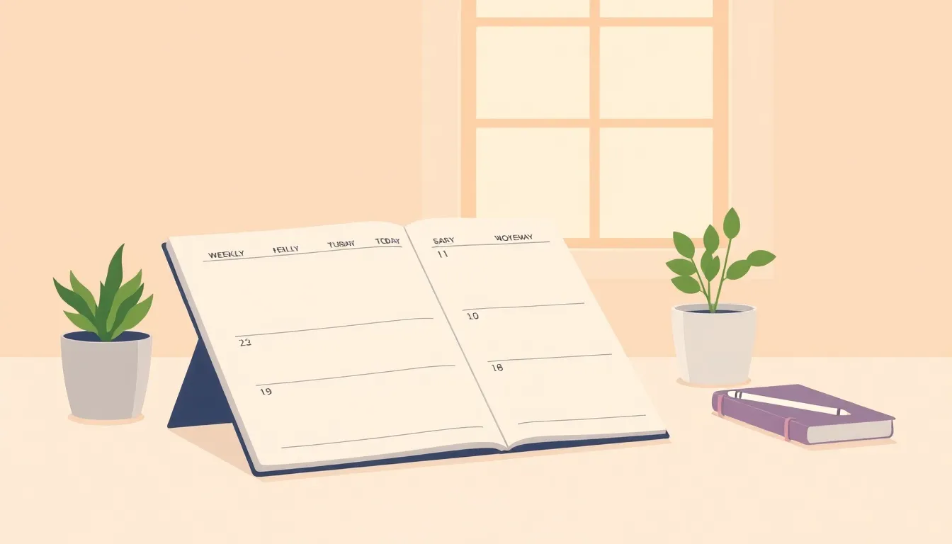 A of a weekly planner laid open on a pastel desk with a pen