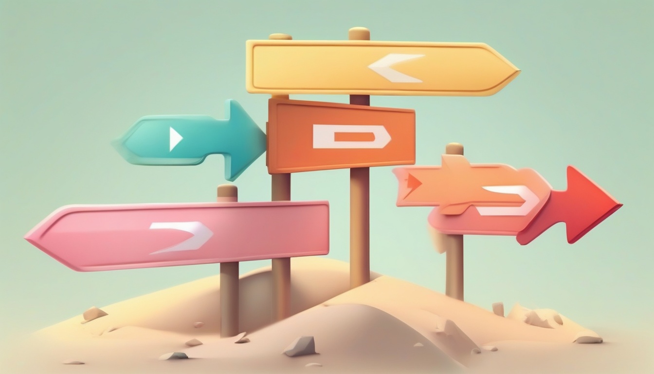 A of a road signpost with three colorful arrows pointing ...