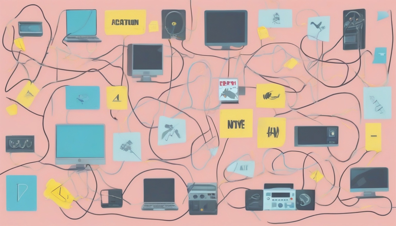 A of a caution sign surrounded by tangled cables and scat...