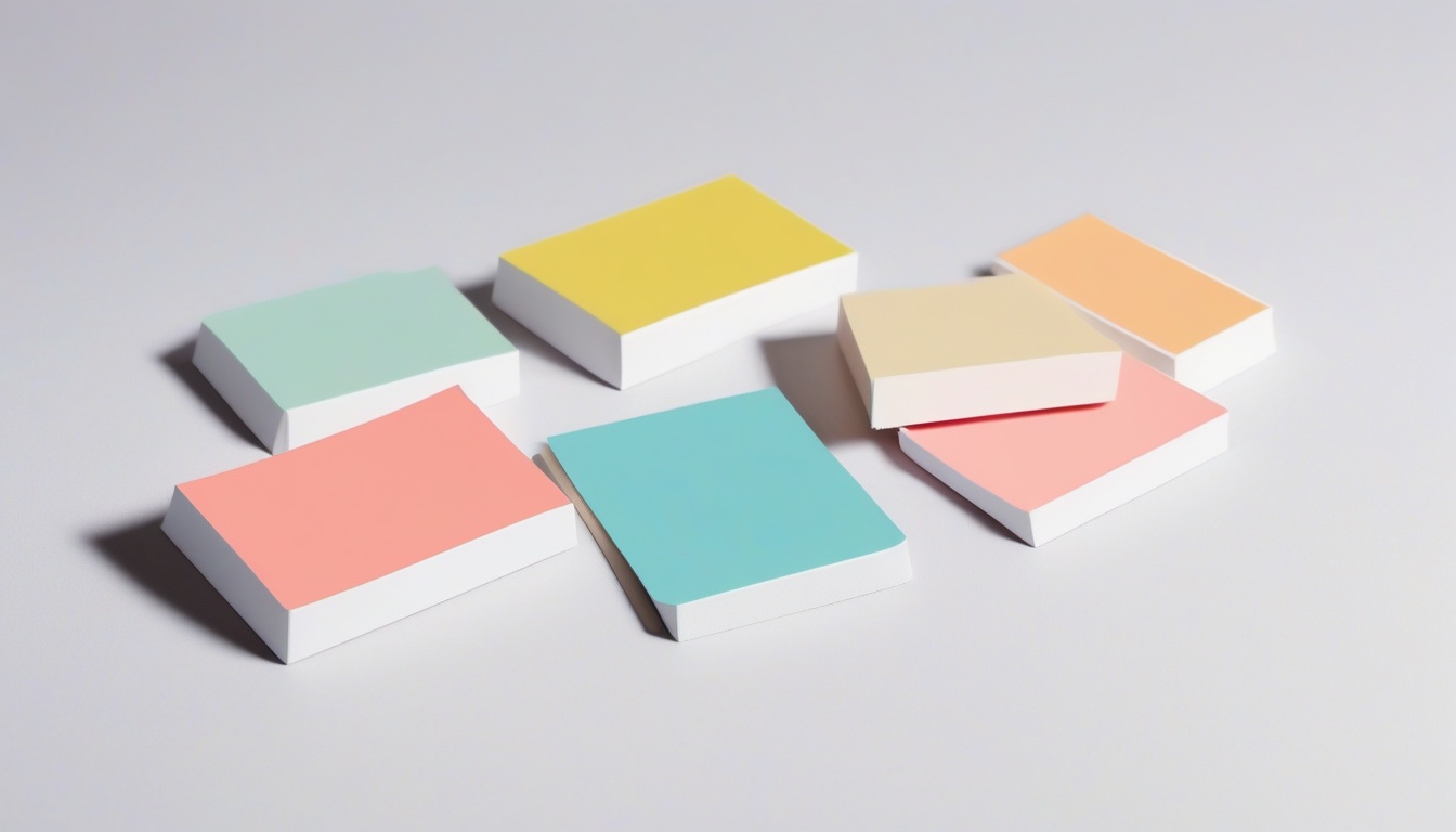 A of five small colorful cards fanned out on a clean whit...