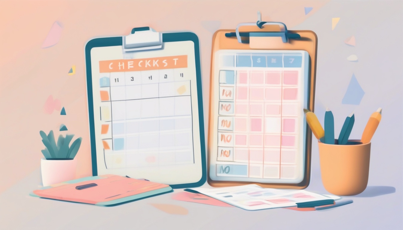 A of a checklist on a clipboard with checkmarks and a cal...