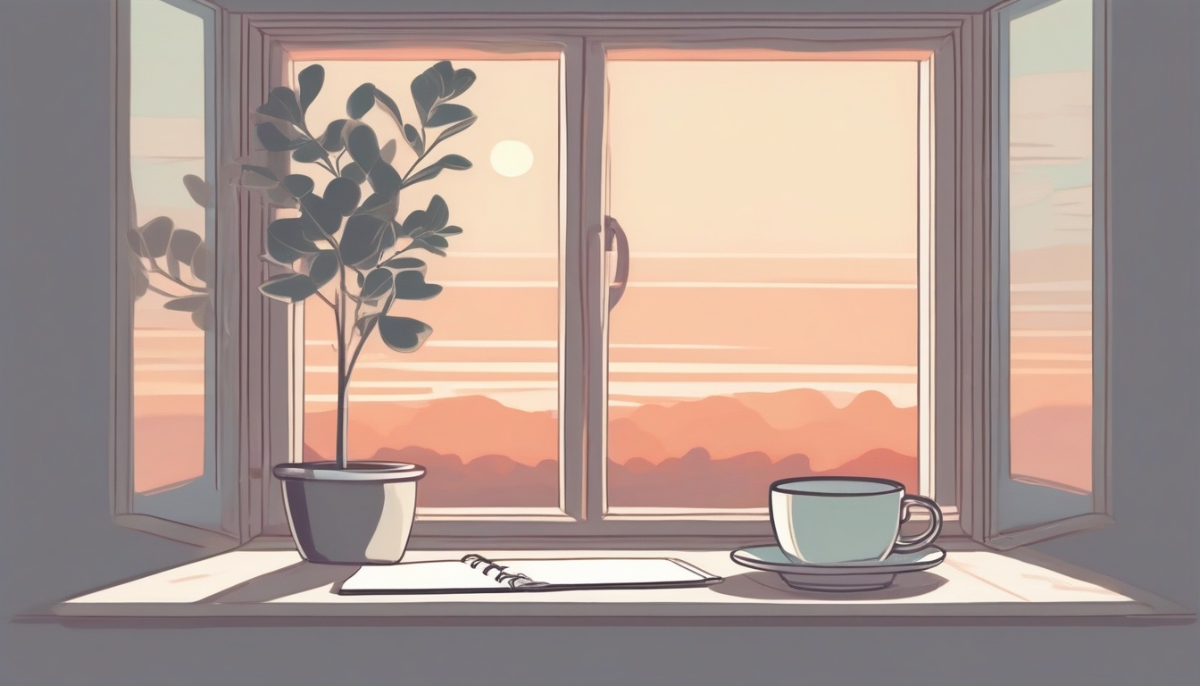 A of a sunrise over a calm horizon seen through a window