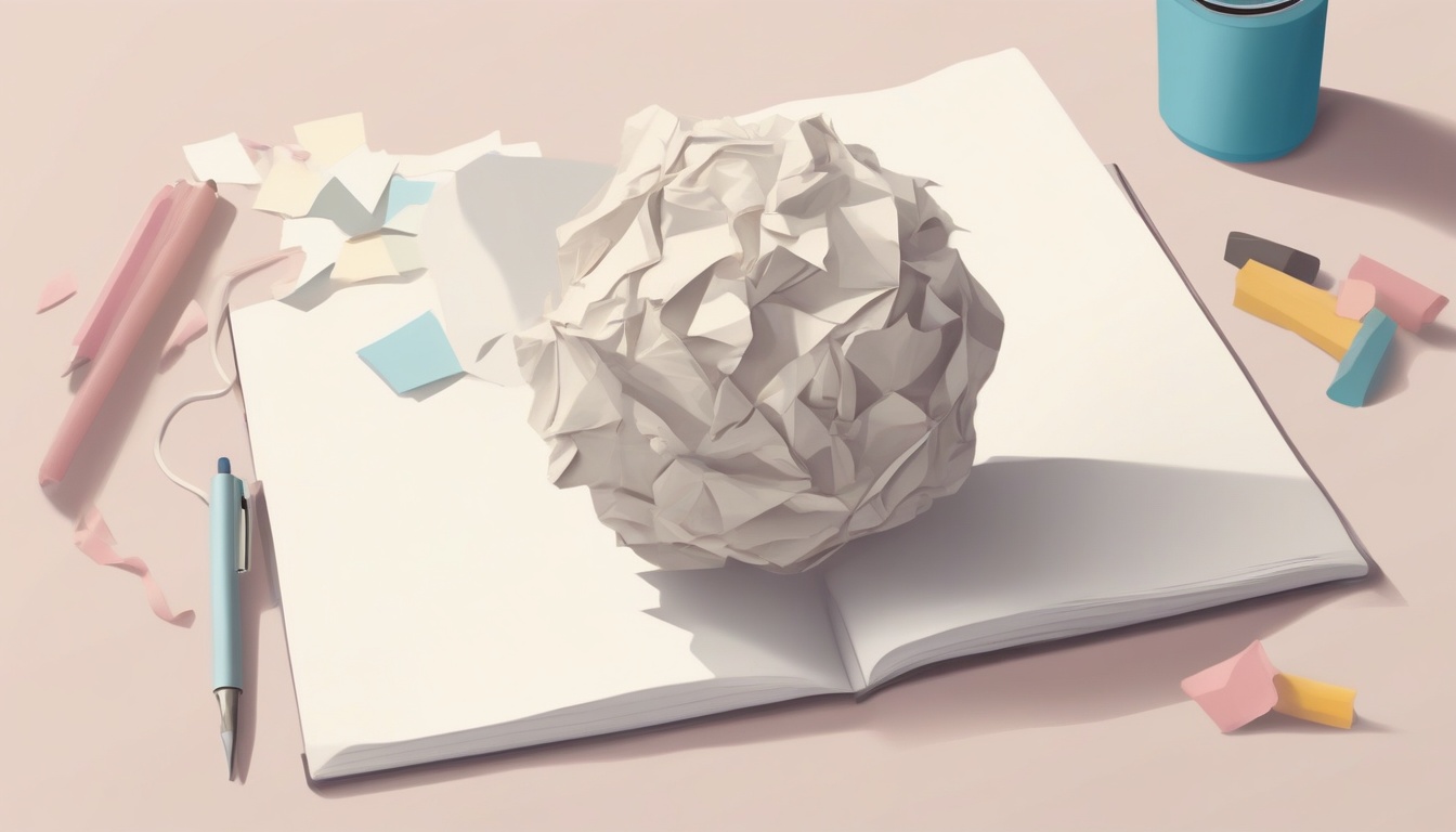 A of a crumpled paper ball next to a clean notebook