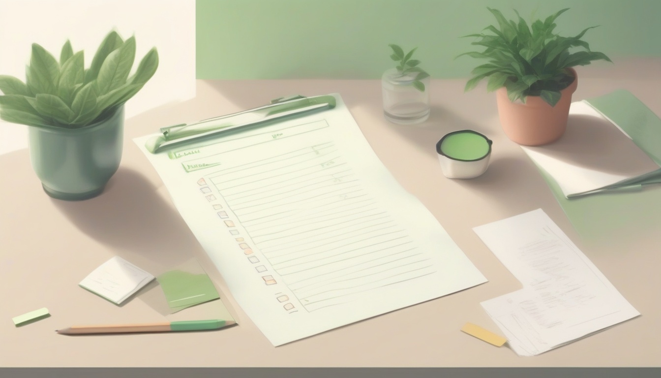 A of a tidy desk with a completed checklist on paper