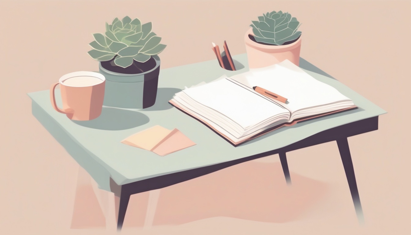 A of a tidy desk with a closed journal