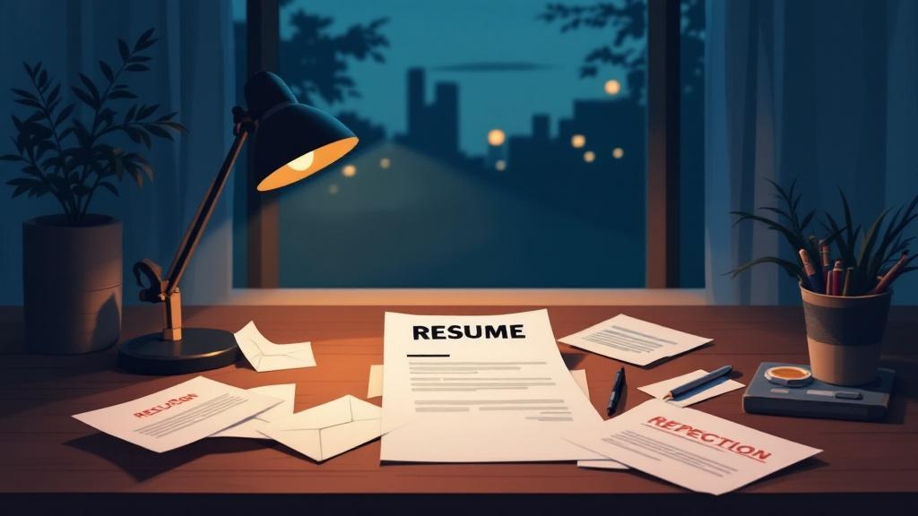 A of a resume paper on a desk with scattered rejection le...