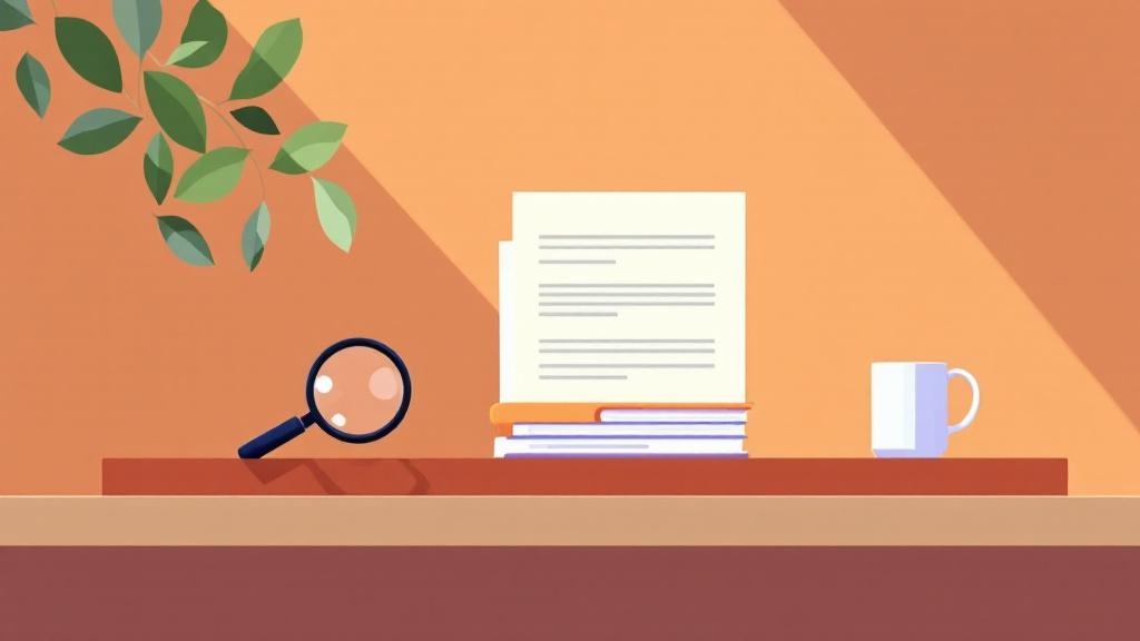 A of a neat desk with stacked documents and a magnifying ...