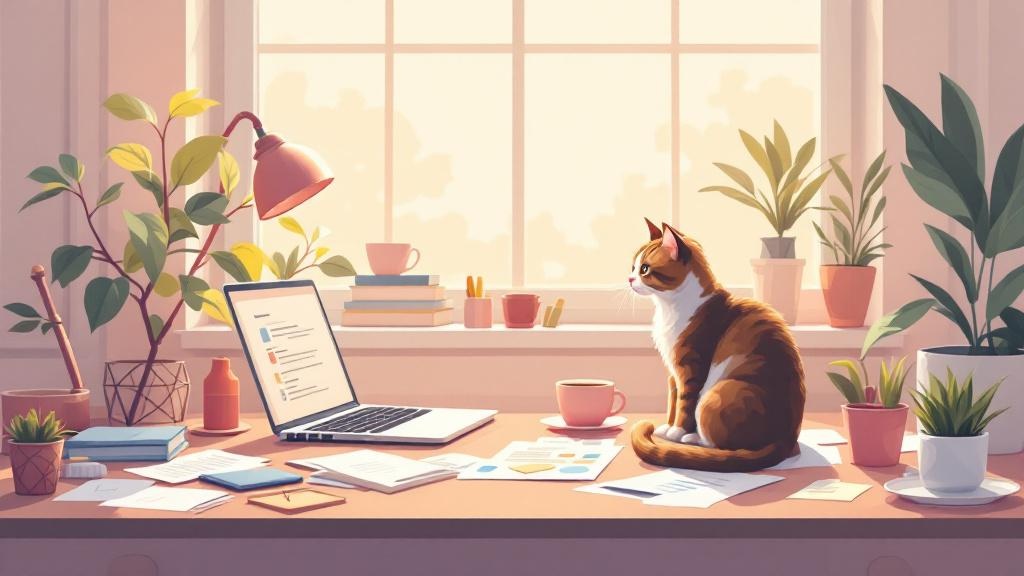 A of a cluttered home desk with a laptop