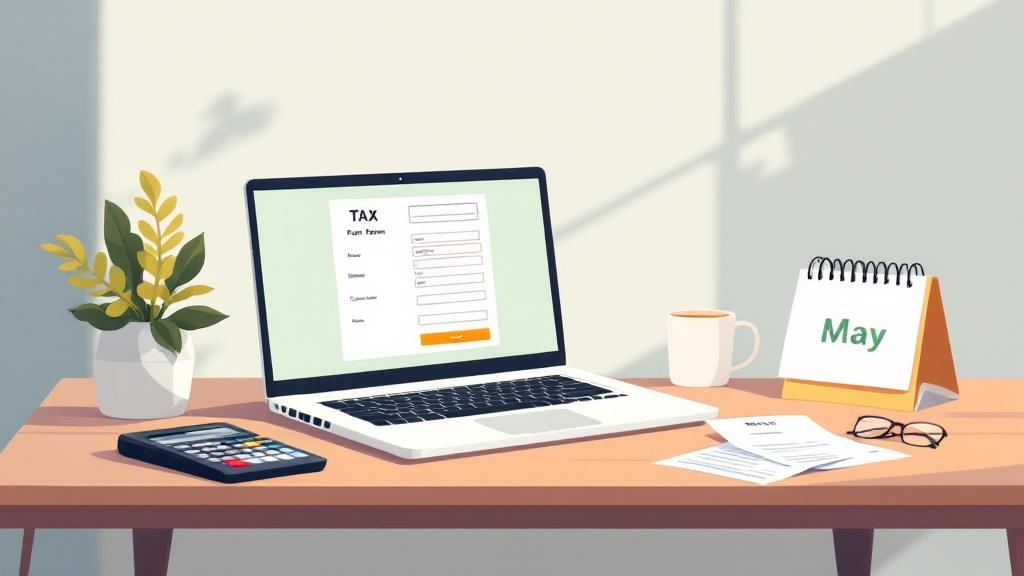 A of a desk with a laptop showing a tax form screen