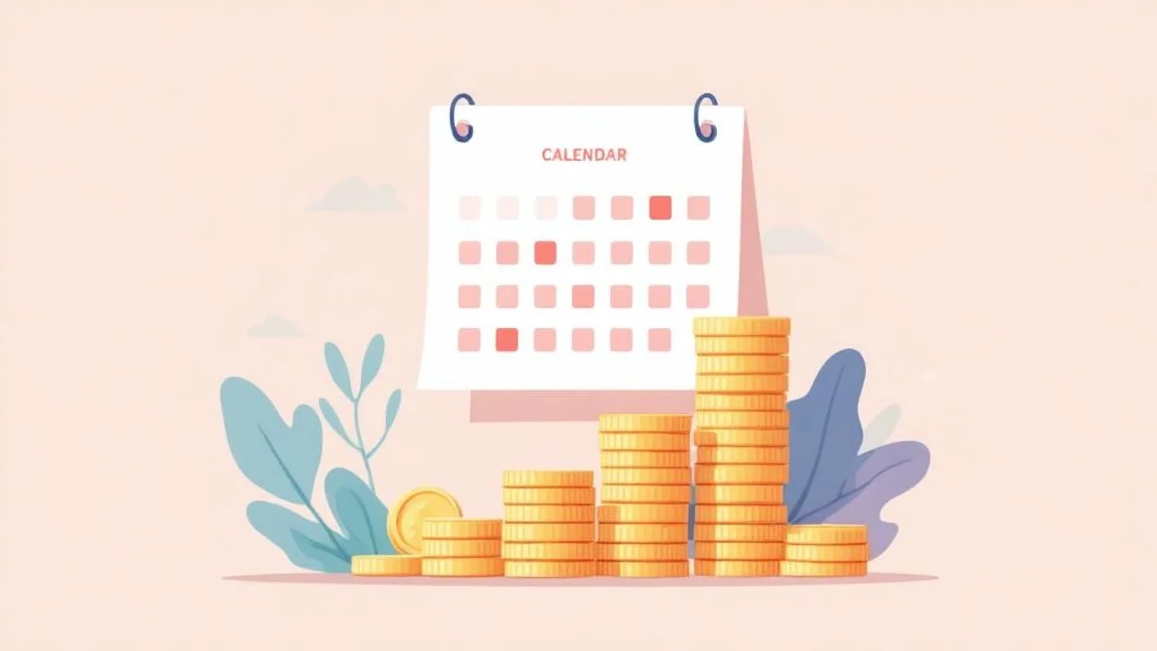 A of a calendar page with a coin stack growing taller nex...