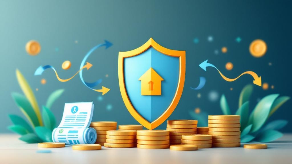 A flat illustration of a shield icon protecting stacks of...