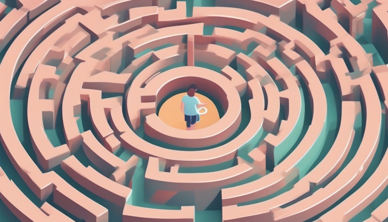 A of a maze seen from above with a small coin at the center