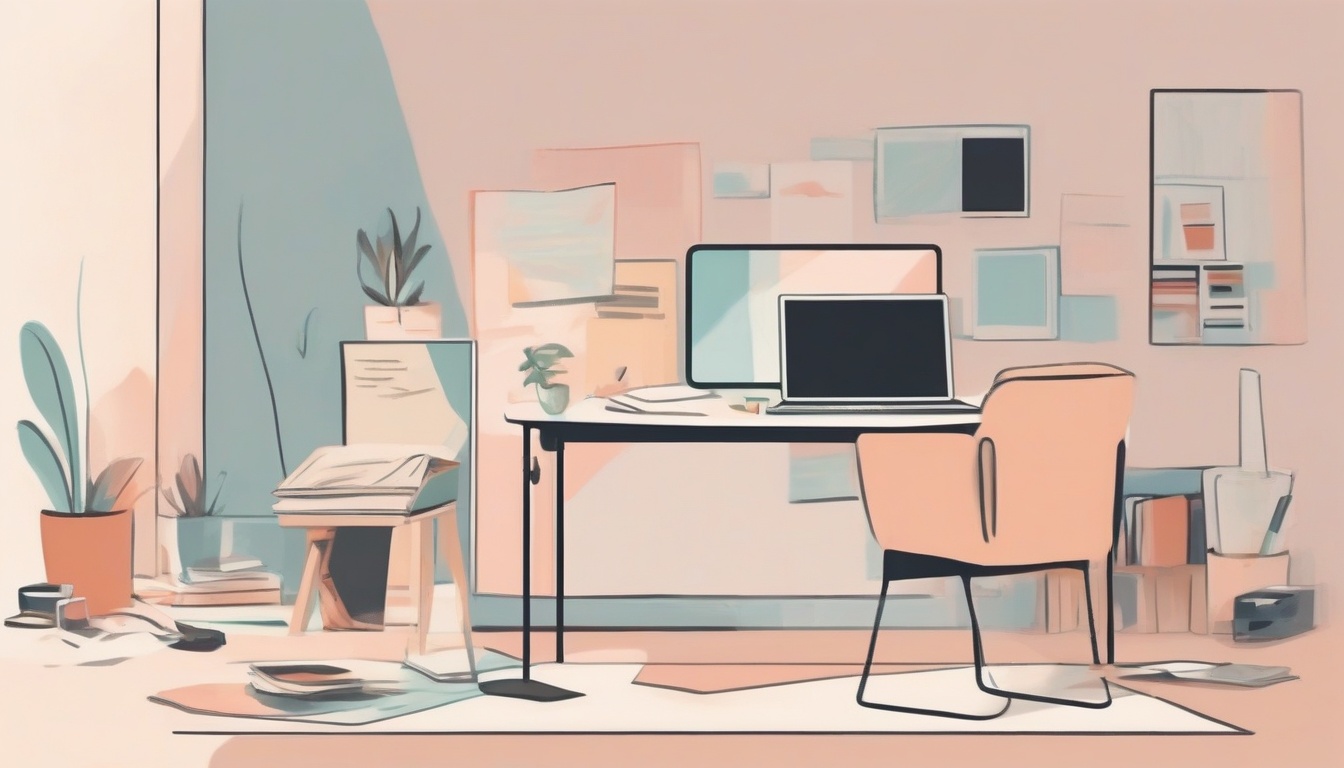 A of a split screen showing a tidy organized desk on one ...