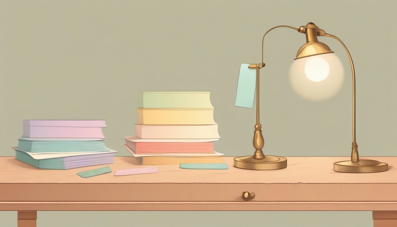 of a wooden desk with five labeled index cards arranged i...