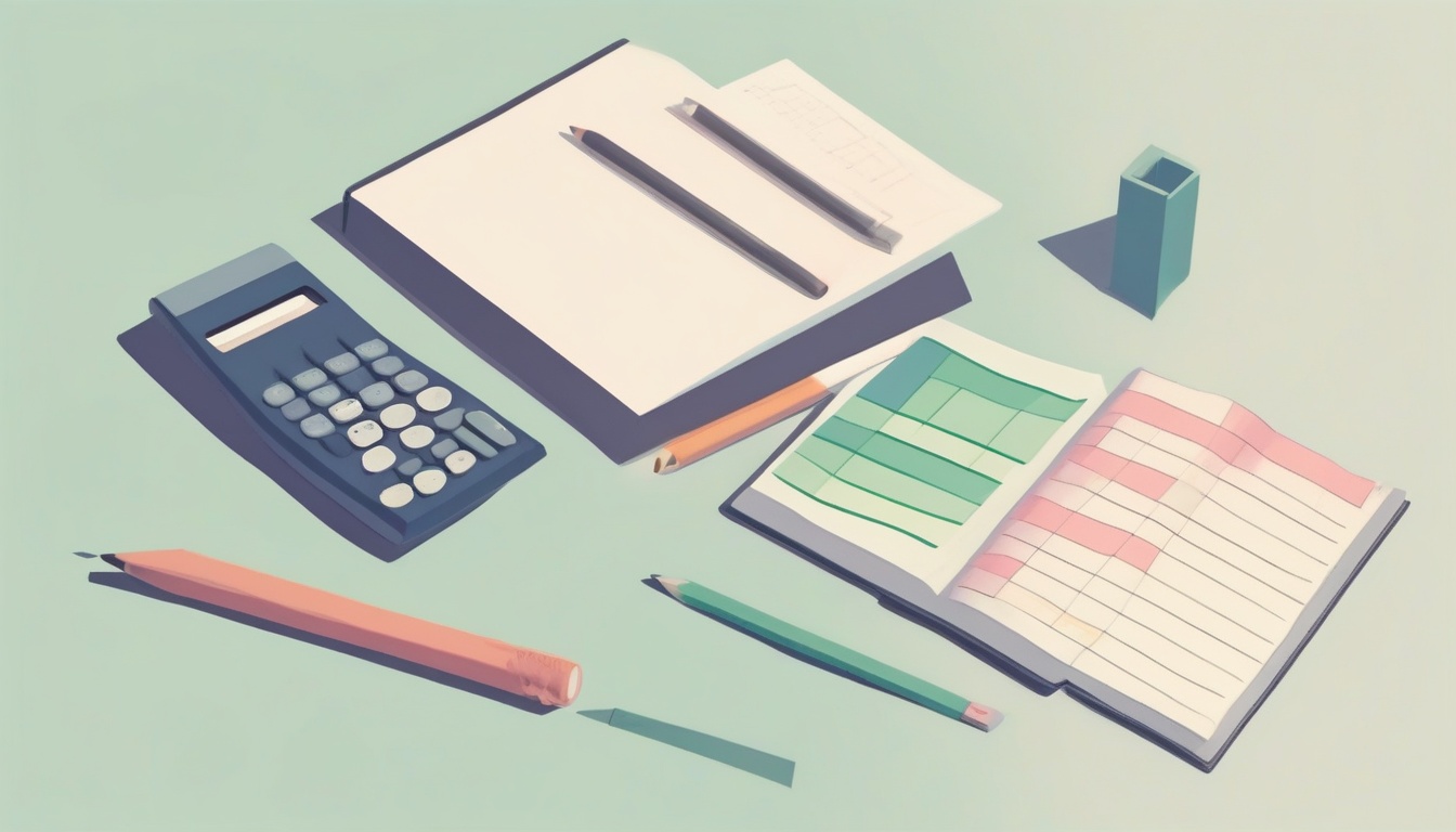 A of a calculator next to a small notebook with bar chart...