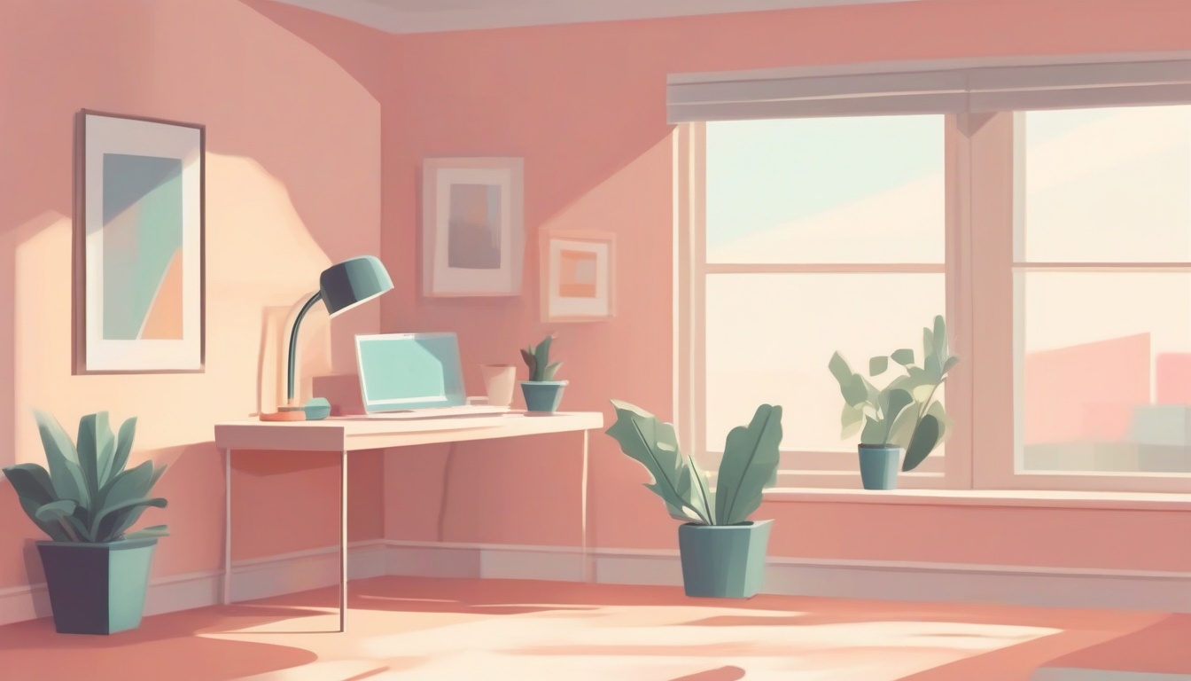 A of a neat home office desk placed perpendicular to a br...