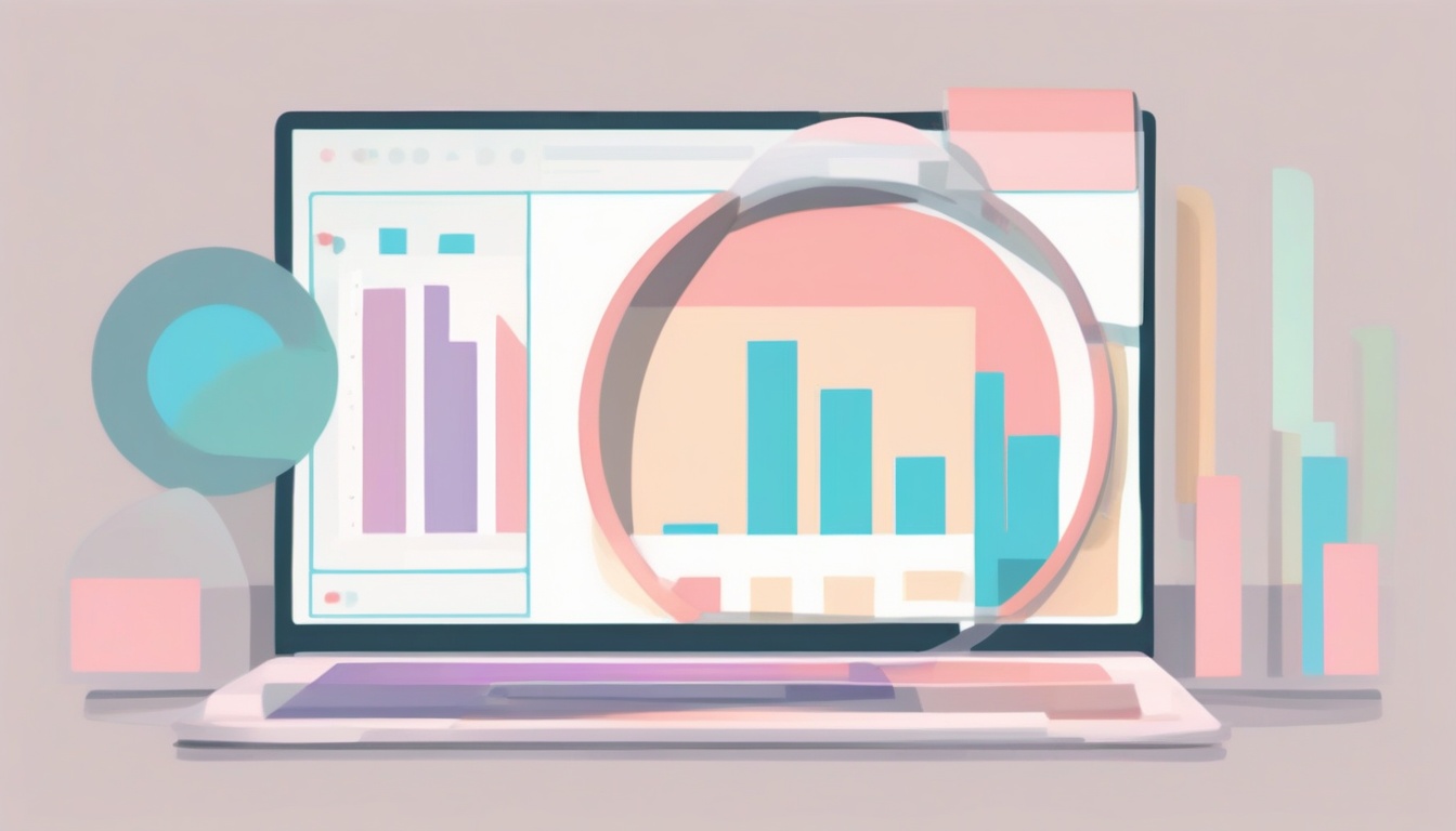 A of a laptop screen showing a bar chart and a magnifying...