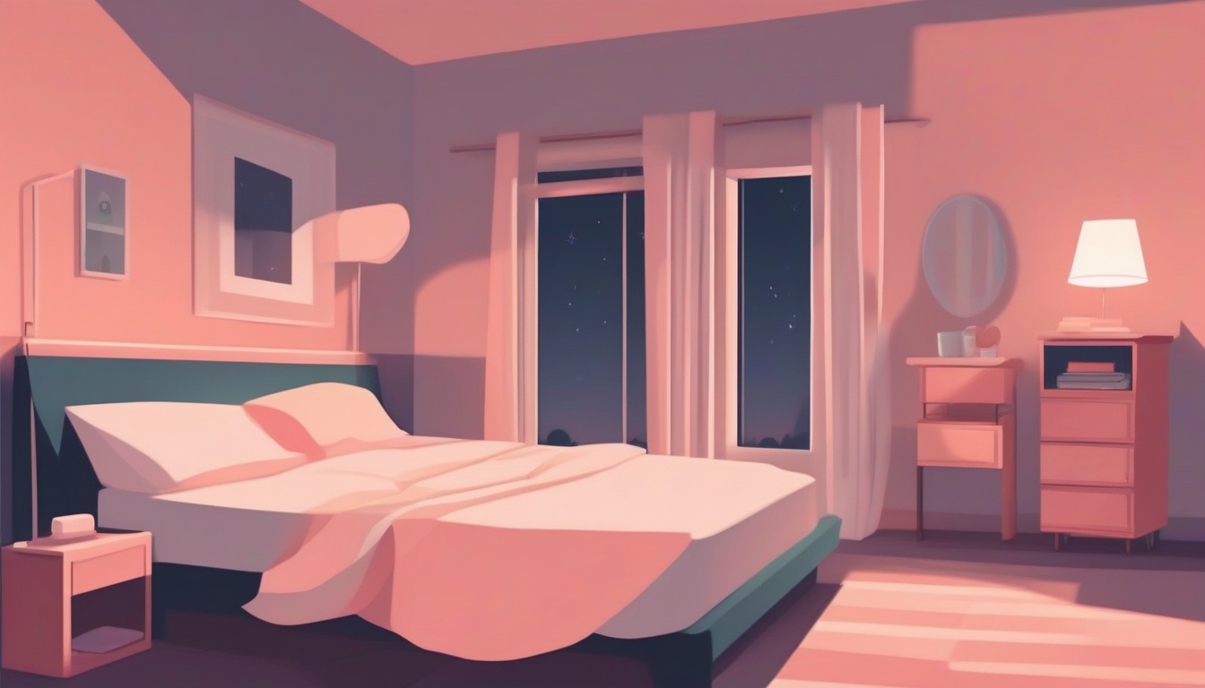 A of a bedroom scene at night with a dim lamp on nightsta...