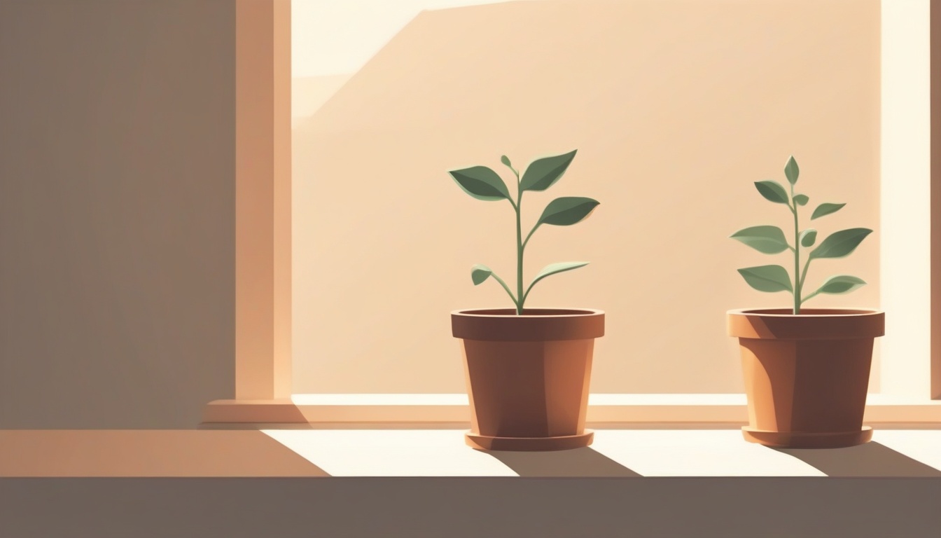 A of a seedling growing from a small pot on a windowsill ...