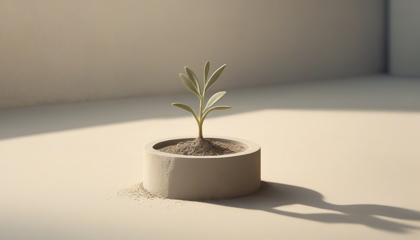 A of a small plant sprouting from concrete with warm morn...