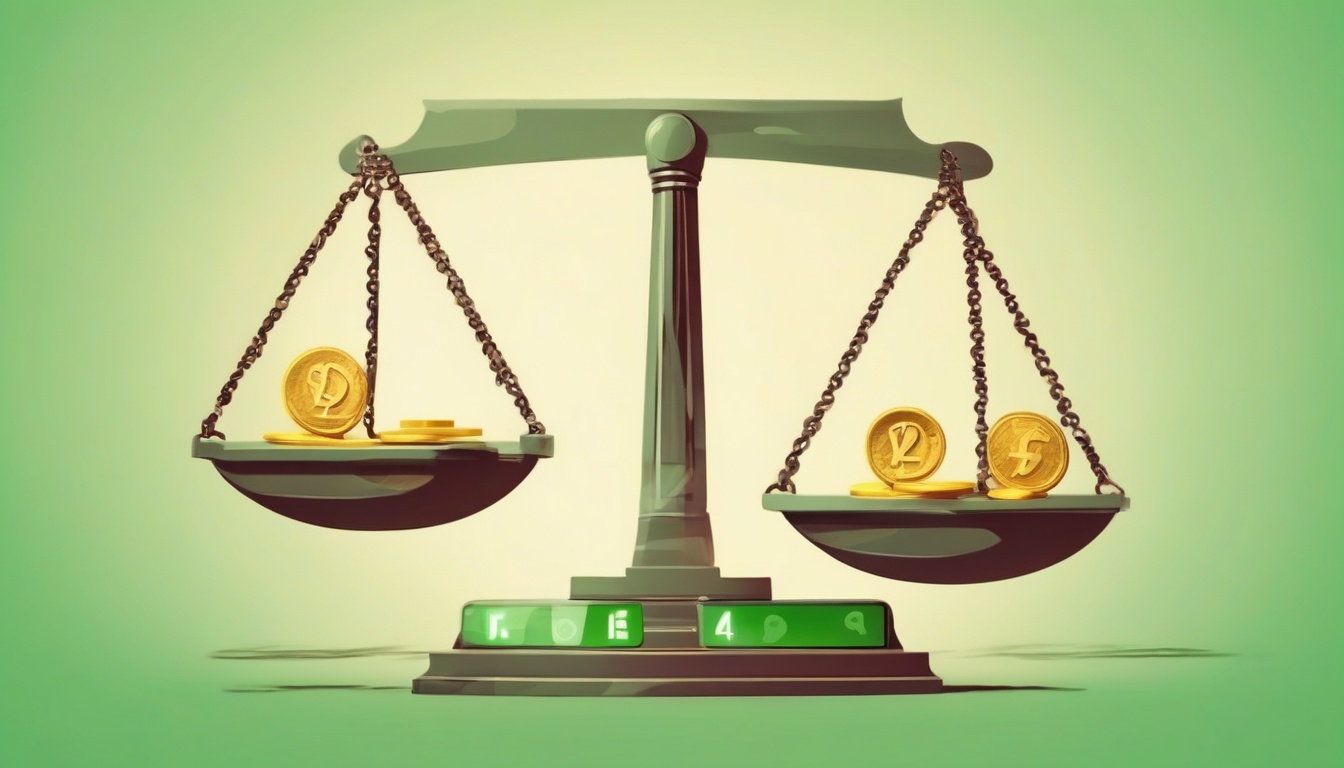A flat illustration of a balance scale with profit coins ...