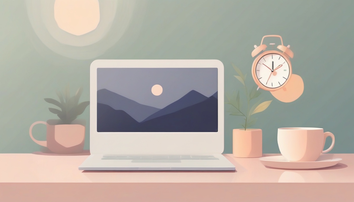 A of an alarm clock next to a closed laptop and a cup of ...