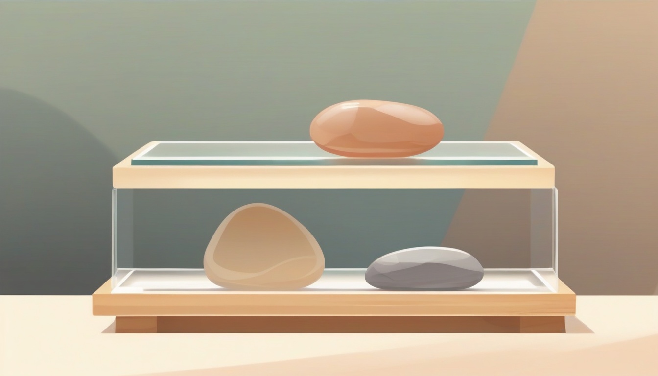 of two stacked transparent glass trays on a wooden shelf