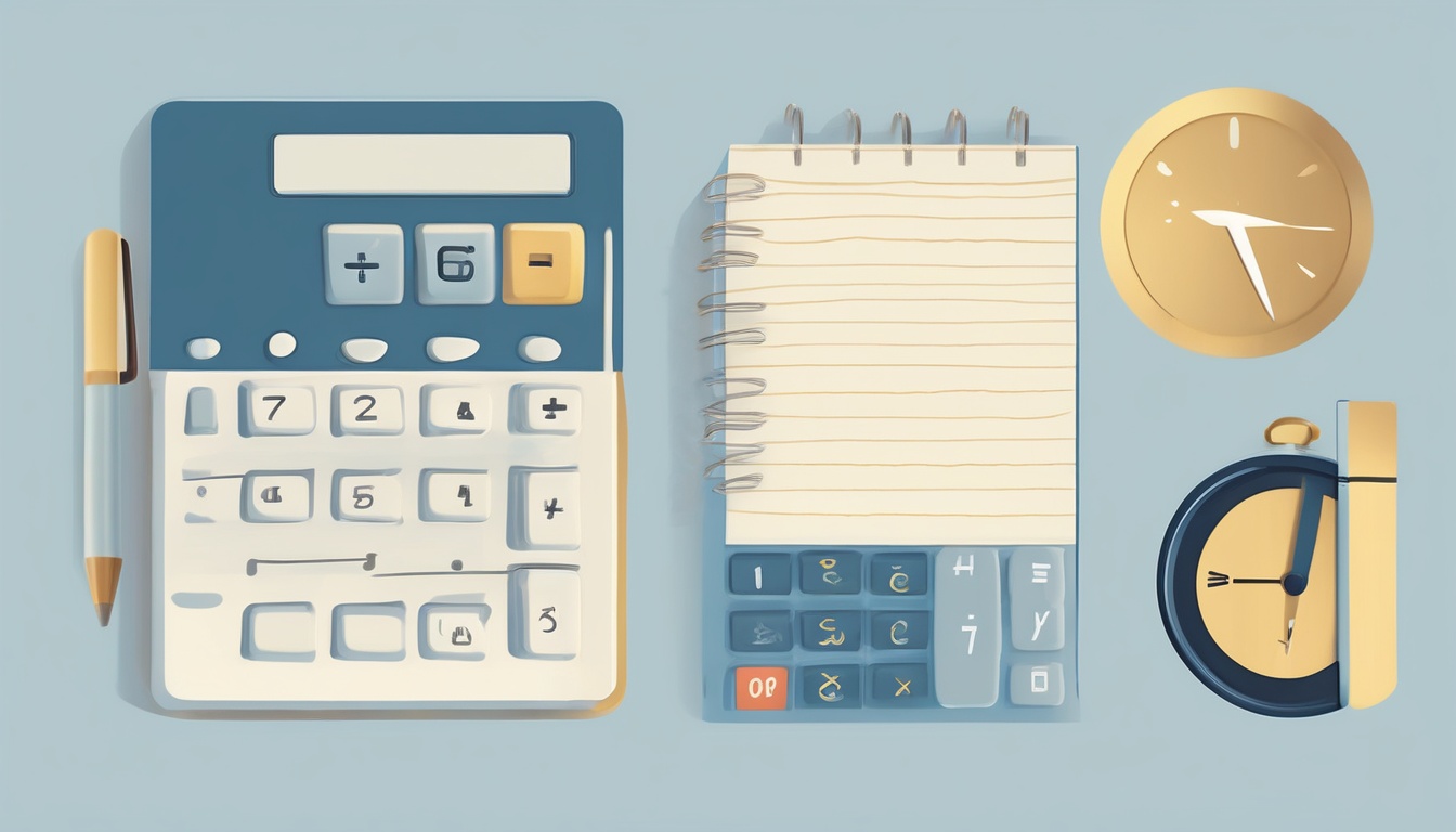 A of a calculator and notebook with a gauge dial showing ...