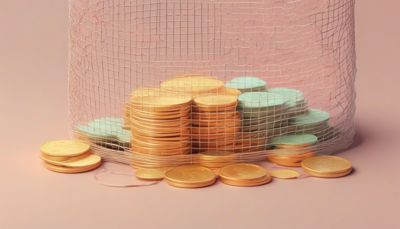 A of a safety net beneath a stack of coins, warm tones